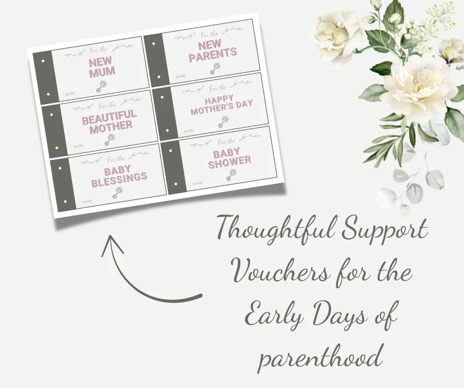 Group of small voucher cards for early parenthood with messages like 'New Mum' and 'New Parents' set against a light floral background.